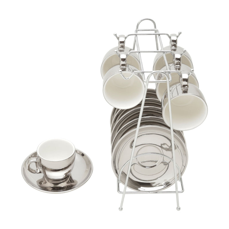 Jogo De Xícaras Luxo Para Café Com Pires e Suporte Wolff 90ml Prata e Branco