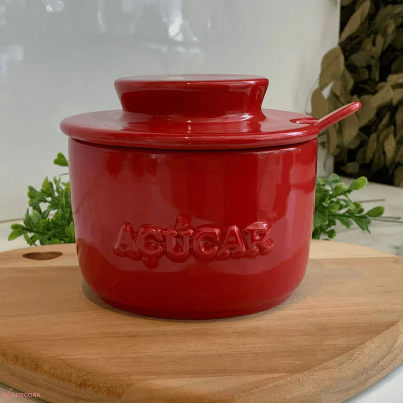 Açucareiro com Colher em Cerâmica Vermelho