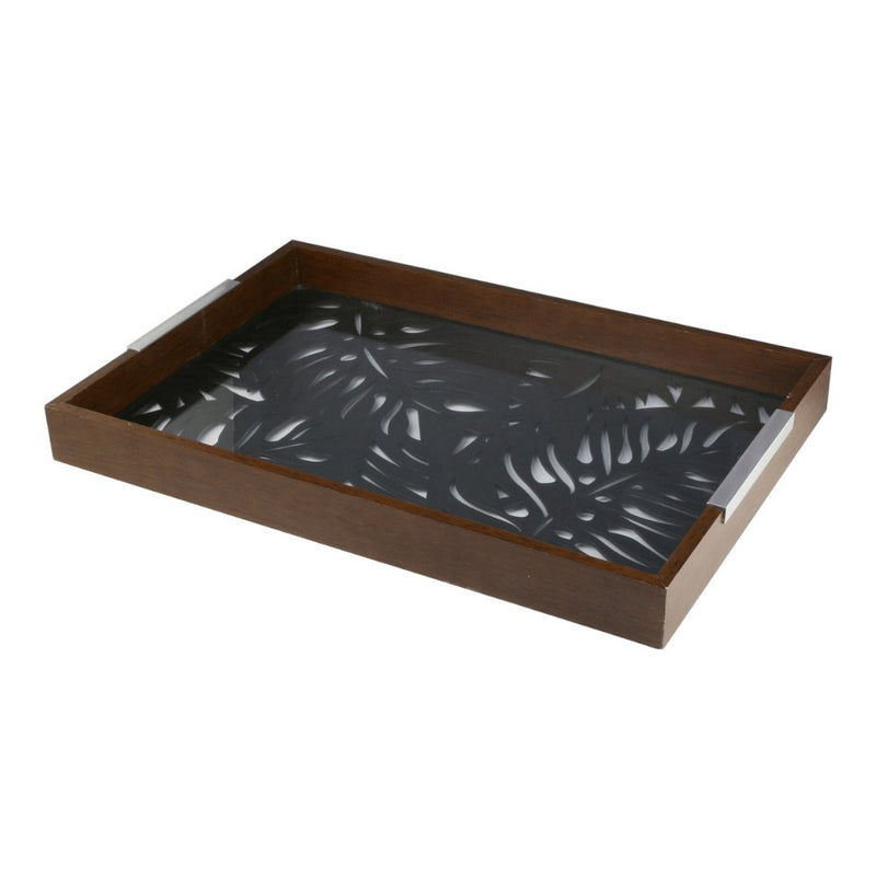 Bandeja Madeira Com Vidro Adam Preta 47 x 32 cm