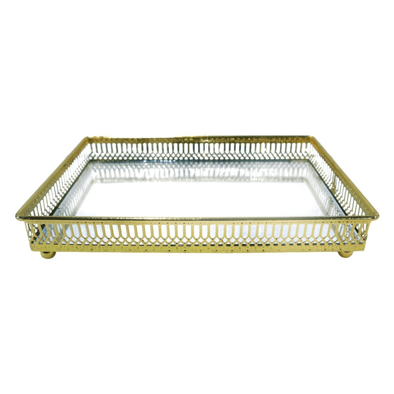 Bandeja Retangular com Espelho em Ferro Dourado - 25cm