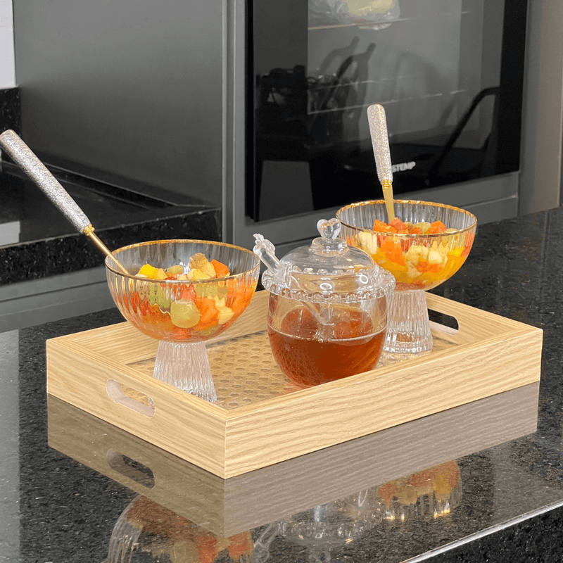Bandeja Retangular de MDF com Fundo Vidro Trelica 30cm