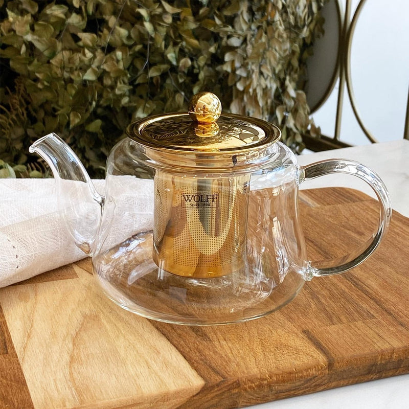 Chaleira de Vidro Borossilicato com Infusor Dourado Inox 600ml
