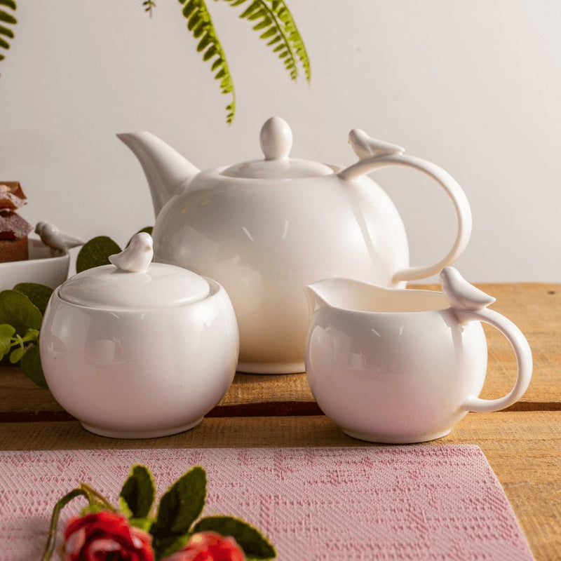 Conjunto 3 Peças Porcelana Para Chá e Café Birds Branco