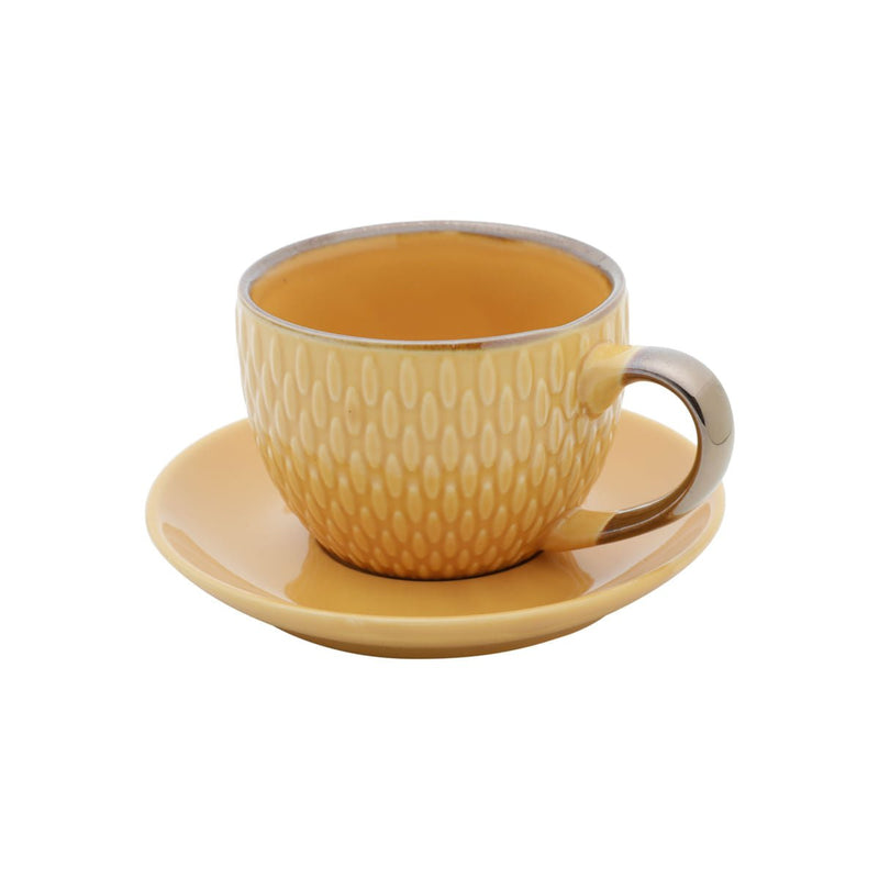 Conjunto 4 Xícaras de Café Com Pires Porcelana Amarelo Drops com Detalhe Metalizado - 90ml