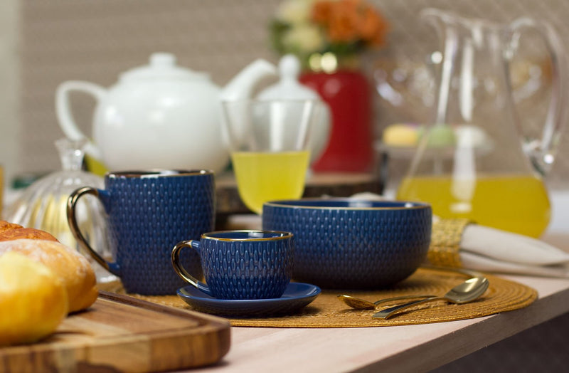 Conjunto 4 Xícaras de Café Com Pires Porcelana Azul Drops com Detalhe Metalizado - 90ml