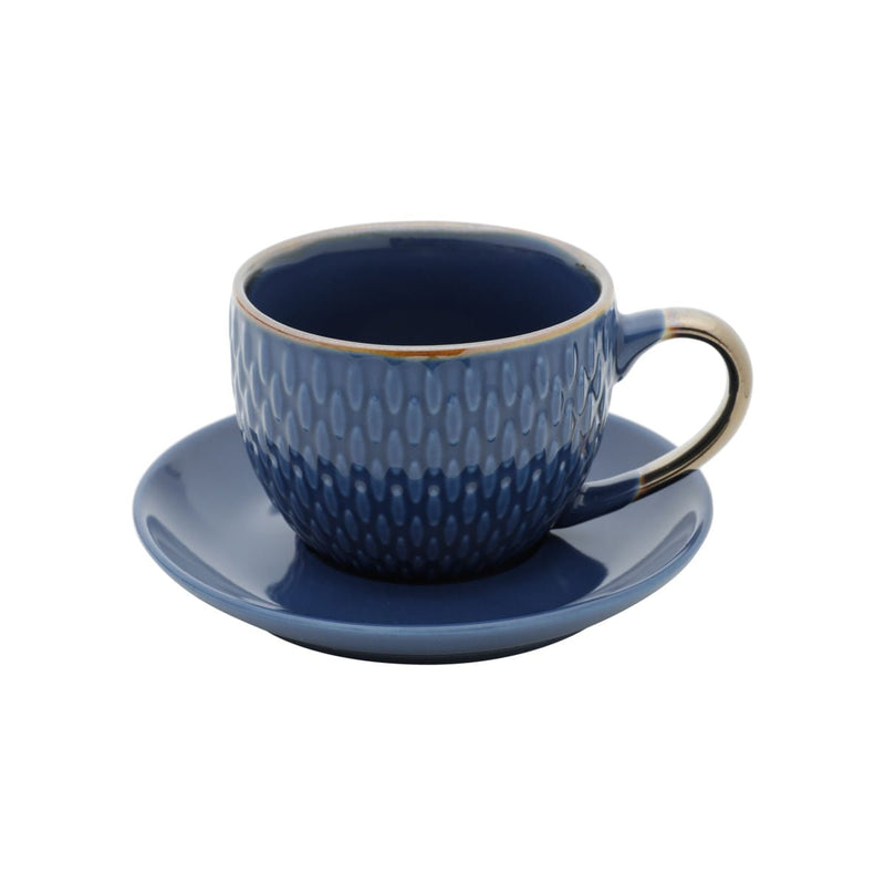 Conjunto 4 Xícaras de Café Com Pires Porcelana Azul Drops com Detalhe Metalizado - 90ml