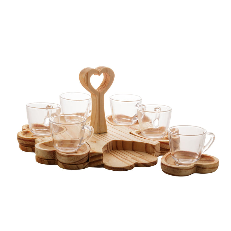 Conjunto 6 Xícaras de Café 75ml com Pires e Suporte Coração de Madeira Pinus
