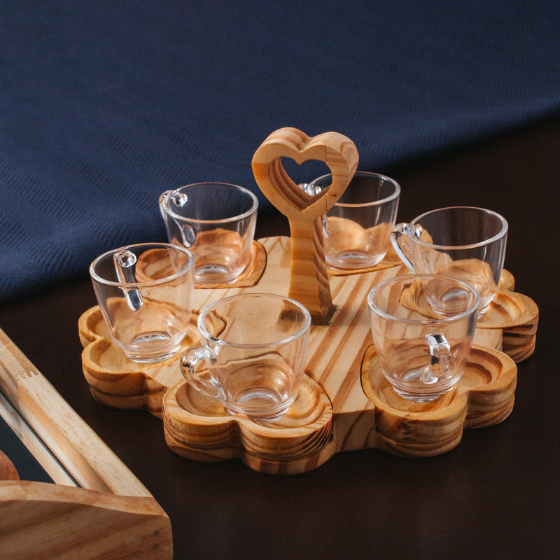 Conjunto 6 Xícaras de Café 75ml com Pires e Suporte Coração de Madeira Pinus