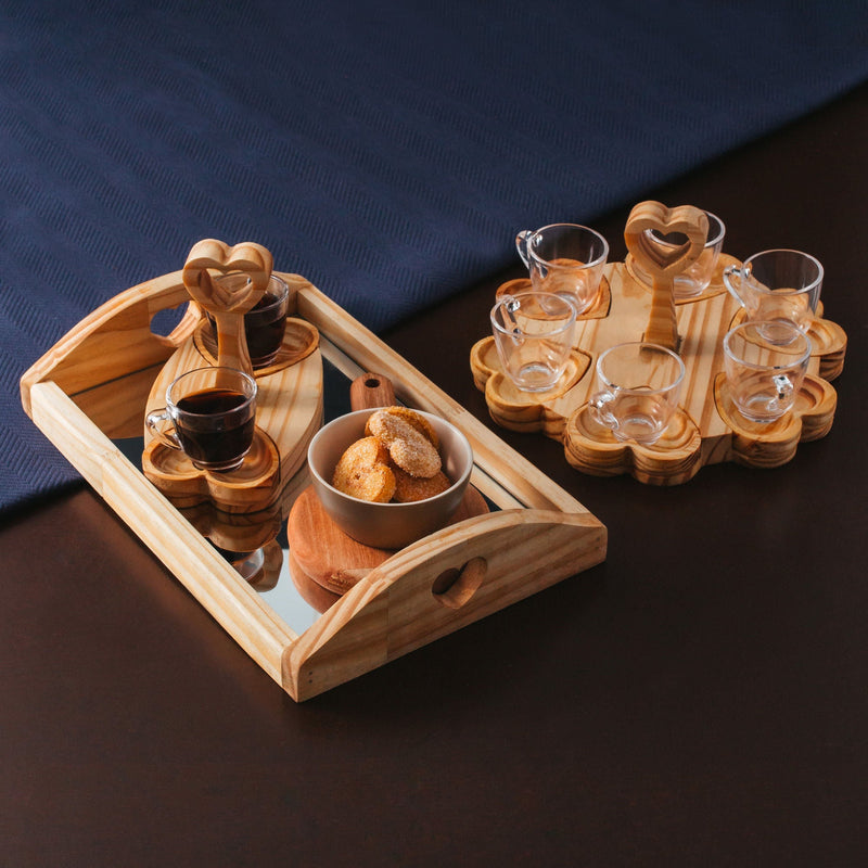 Conjunto 6 Xícaras de Café 75ml com Pires e Suporte Coração de Madeira Pinus