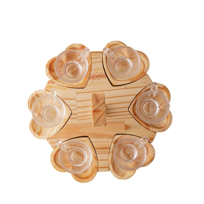 Conjunto 6 Xícaras de Café 75ml com Pires e Suporte Coração de Madeira Pinus