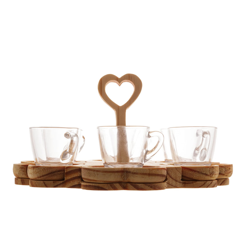 Conjunto 6 Xícaras de Café 75ml com Pires e Suporte Coração de Madeira Pinus