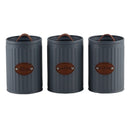 Conjunto de Latas Herméticas Porta Condimentos de Ferro Cinza e Tampa com Puxador Couro Sugar Coffee Tea - 3 Peças