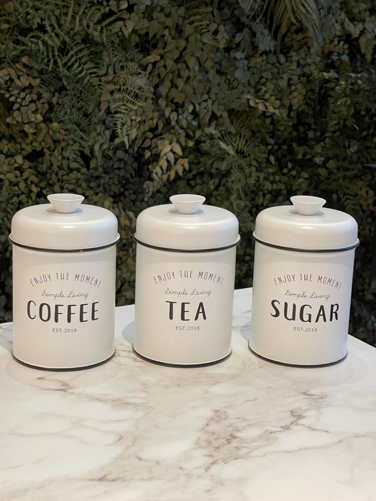 Conjunto de Latas Herméticas Porta Condimentos em Metal Branco Sugar Coffee Tea - 3 Peças