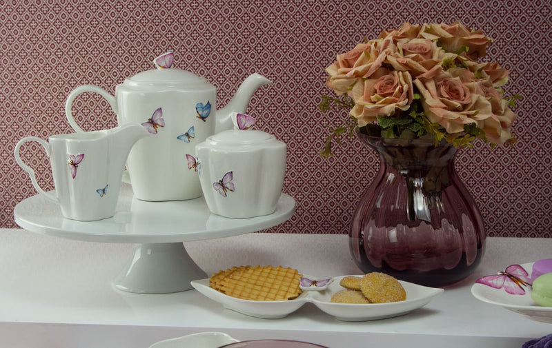 Conjunto para Café Bule Açucareiro Leiteira Porcelana Borboletas Branco 3 Peças