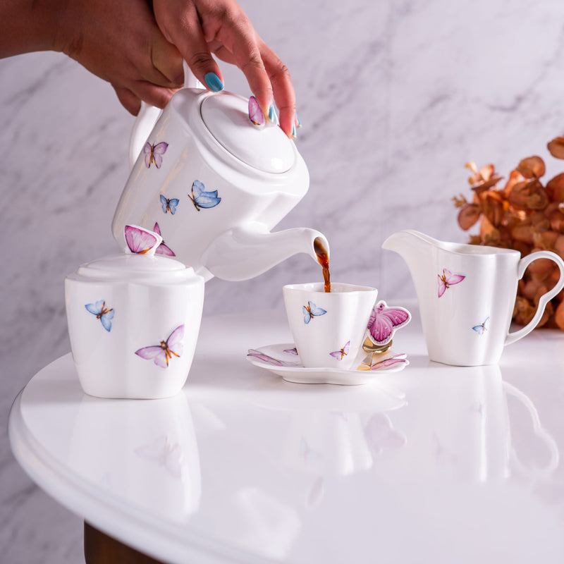 Conjunto para Café Bule Açucareiro Leiteira Porcelana Borboletas Branco 3 Peças