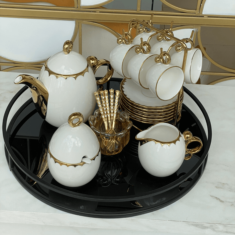 Conjunto Para Café Bule Açucareiro Leiteira Porcelana Dourado - 3 Peças