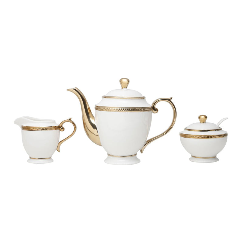 Conjunto para Chá Bule Açucareiro Leiteira Porcelana Paddy Branco e Dourado 3 Peças