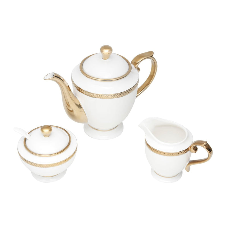 Conjunto para Chá Bule Açucareiro Leiteira Porcelana Paddy Branco e Dourado 3 Peças