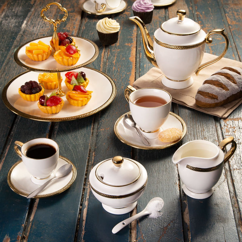 Conjunto para Chá Bule Açucareiro Leiteira Porcelana Paddy Branco e Dourado 3 Peças