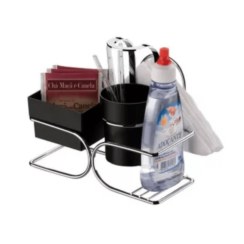 Conjunto para Chá/Café Porta Sache Mexedor Adoçante Preto com Cromado