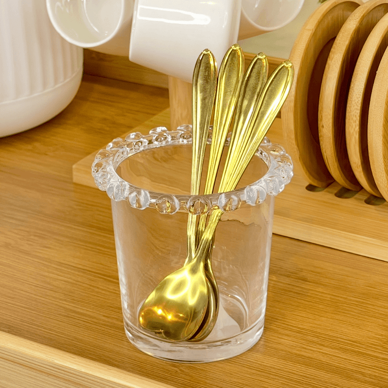 Kit Porta Talheres e Jogo 4 Colheres para Chá Dourado 5 Peças