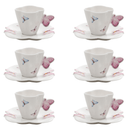 Jogo de 6 Xícaras de Café Porcelana com Pires Borboletas - 100ml