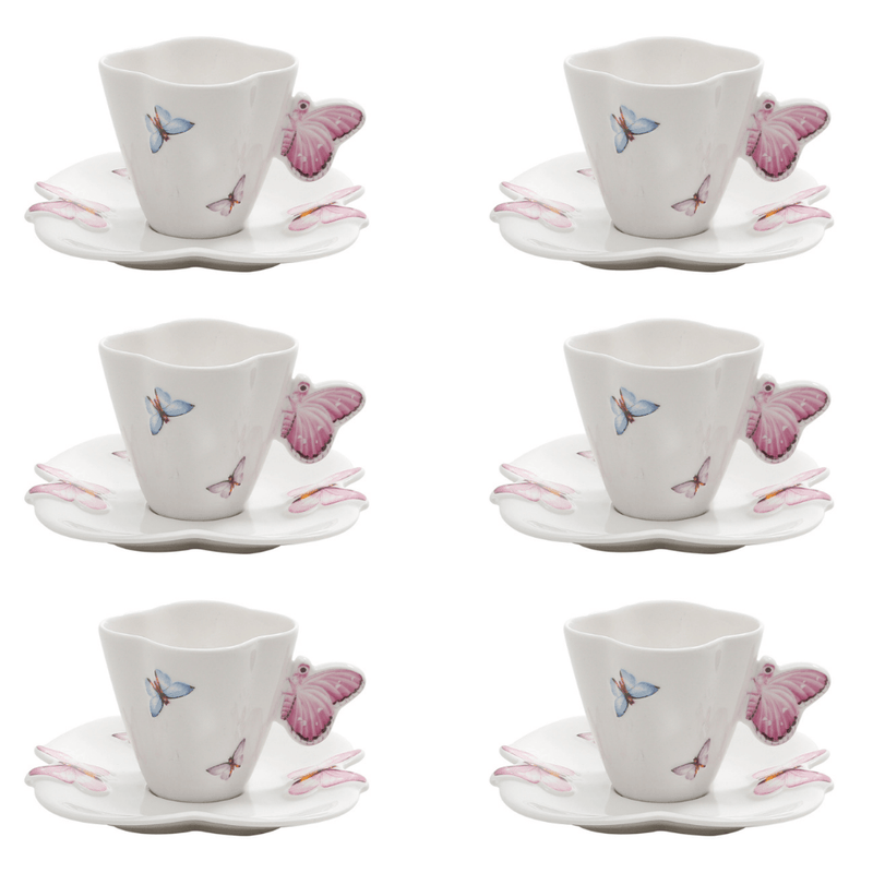 Jogo de 6 Xícaras de Café Porcelana com Pires Borboletas - 100ml