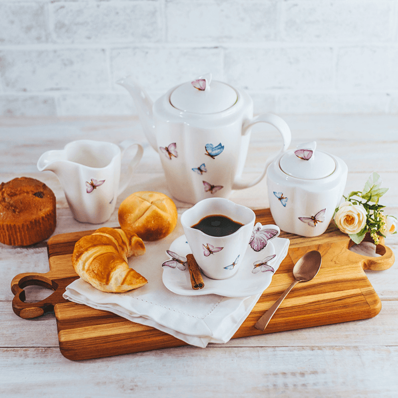Jogo de 6 Xícaras de Café Porcelana com Pires Borboletas - 100ml