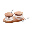 Jogo 2 Potes para Geléia de Vidro com Suporte de Madeira e Colher Teca