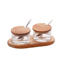 Jogo 2 Potes para Geléia de Vidro com Suporte de Madeira e Colher Teca