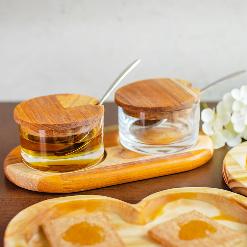 Jogo 2 Potes para Geléia de Vidro com Suporte de Madeira e Colher Teca