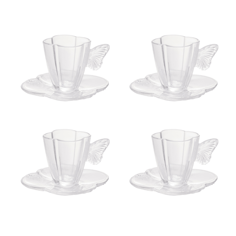 Jogo 4 Xicaras de Café com Pires de Vidro Butterfly 80ml