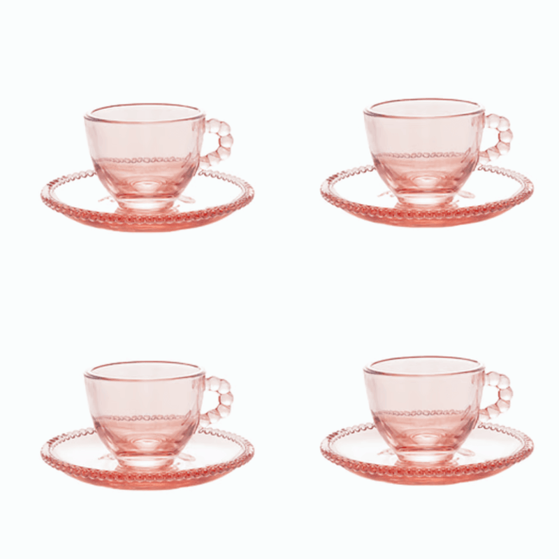 Jogo 4 Xicaras de Café Cristal de Chumbo com Pires Pearl Rosa 80ml