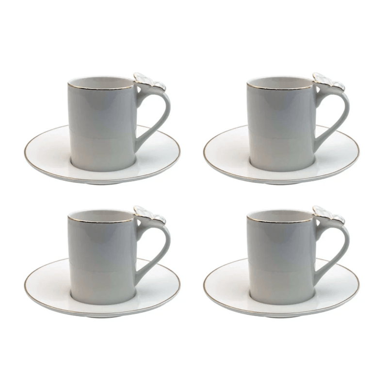 Jogo 4 Xícaras para Café com Pires Rammoudie Borboleta New Bone Borda Dourada 100ml