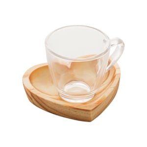 Jogo 6 Xicaras com Pires Coração Madeira Pinus 75ml