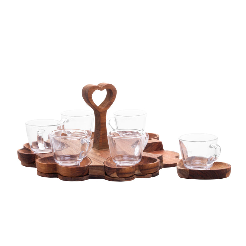 Jogo 6 Xícaras de Café 65ml com Pires Coração e Suporte de Madeira Teca