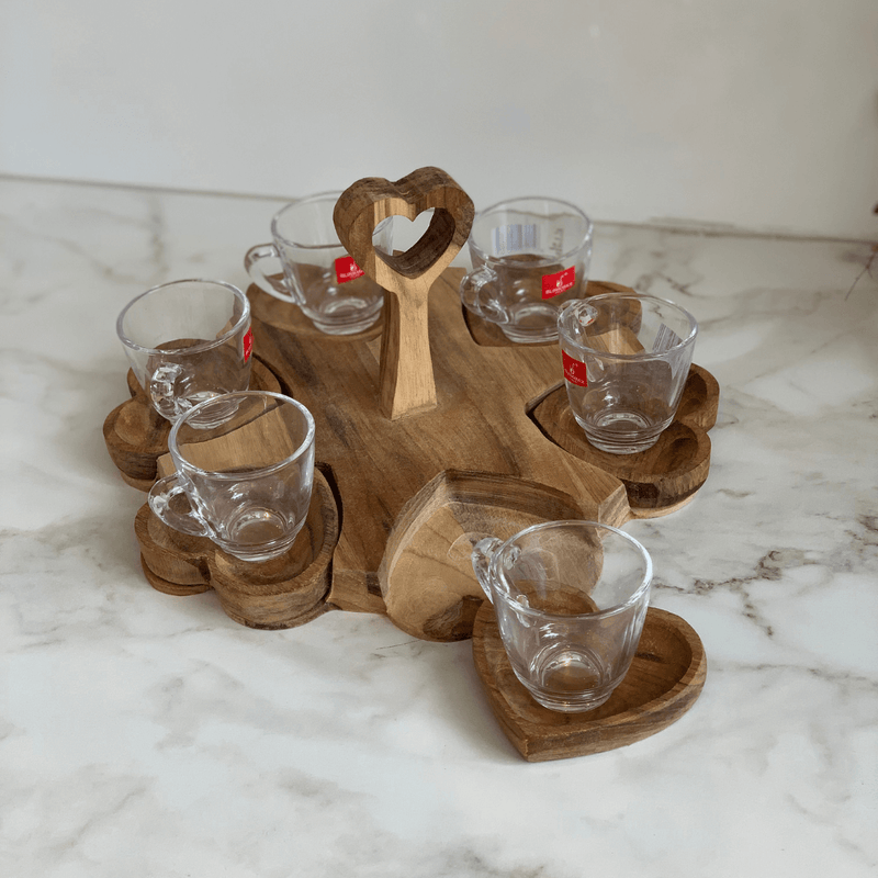 Jogo 6 Xícaras de Café 65ml com Pires Coração e Suporte de Madeira Teca