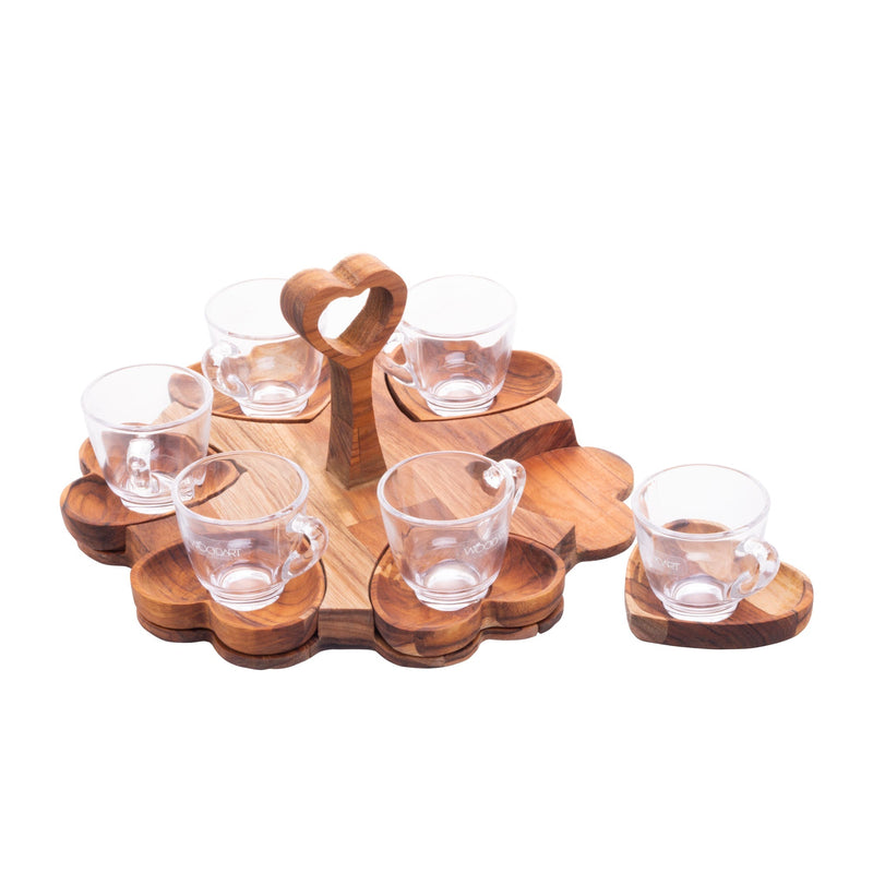 Jogo 6 Xícaras de Café 65ml com Pires Coração e Suporte de Madeira Teca