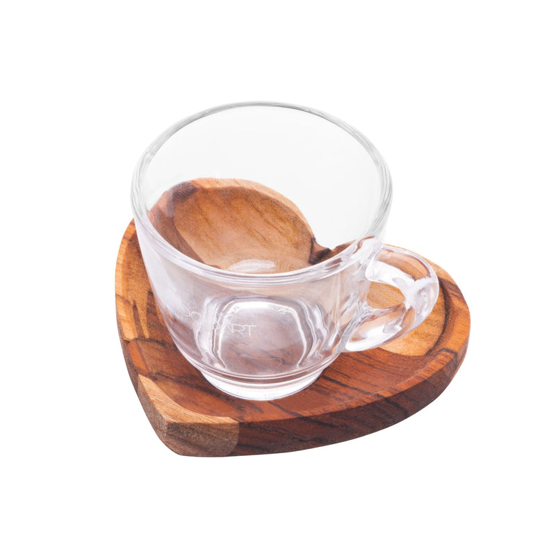 Jogo 6 Xícaras de Café 65ml com Pires Coração e Suporte de Madeira Teca