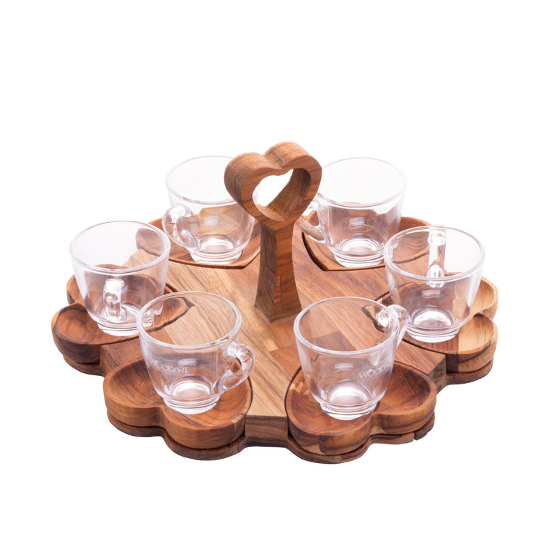 Jogo 6 Xícaras de Café 65ml com Pires Coração e Suporte de Madeira Teca