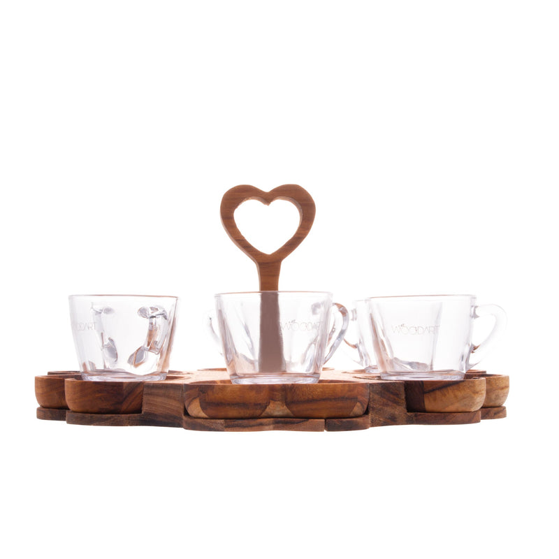 Jogo 6 Xícaras de Café 65ml com Pires Coração e Suporte de Madeira Teca
