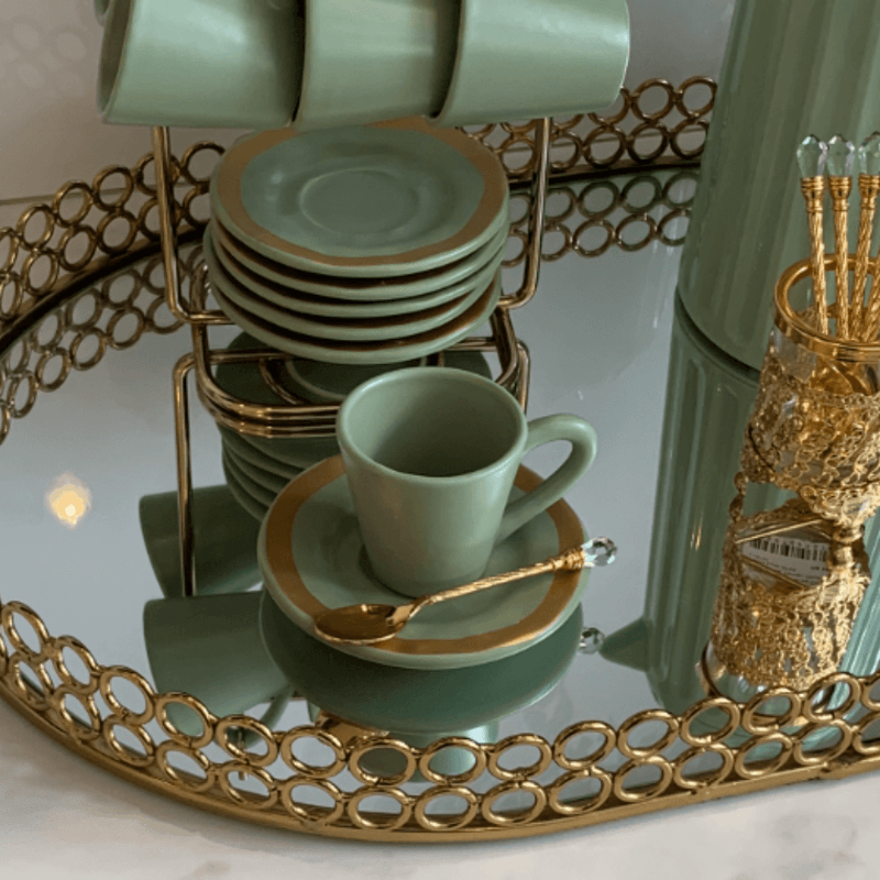 Jogo 6 Xícaras de Café com Pires Amassada Verde com Filete