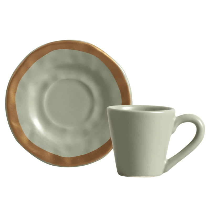 Jogo 6 Xícaras de Café com Pires Amassada Verde com Filete