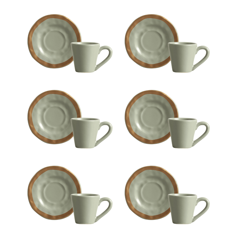 Jogo 6 Xícaras de Café com Pires Amassada Verde com Filete