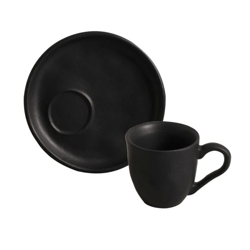 Jogo 6 Xícaras de Café com Pires Bio Preto Matte Descentralizado 70ml
