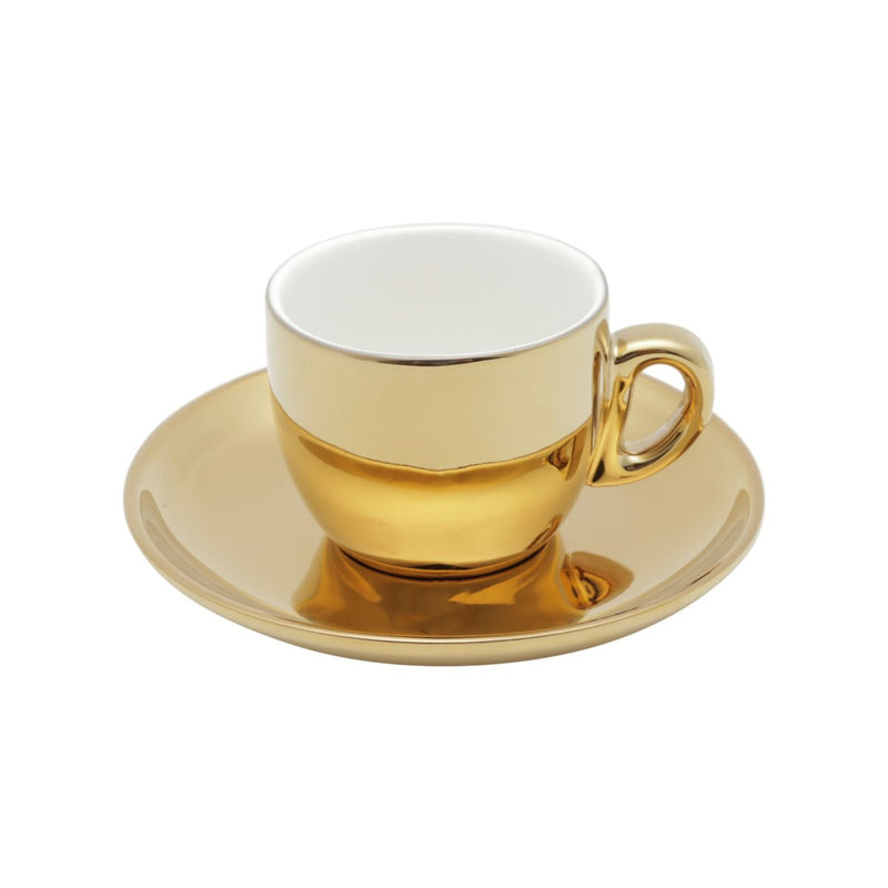Jogo 6 Xícaras de Café com Pires em Porcelana Branco e Dourado com Suporte 90ml