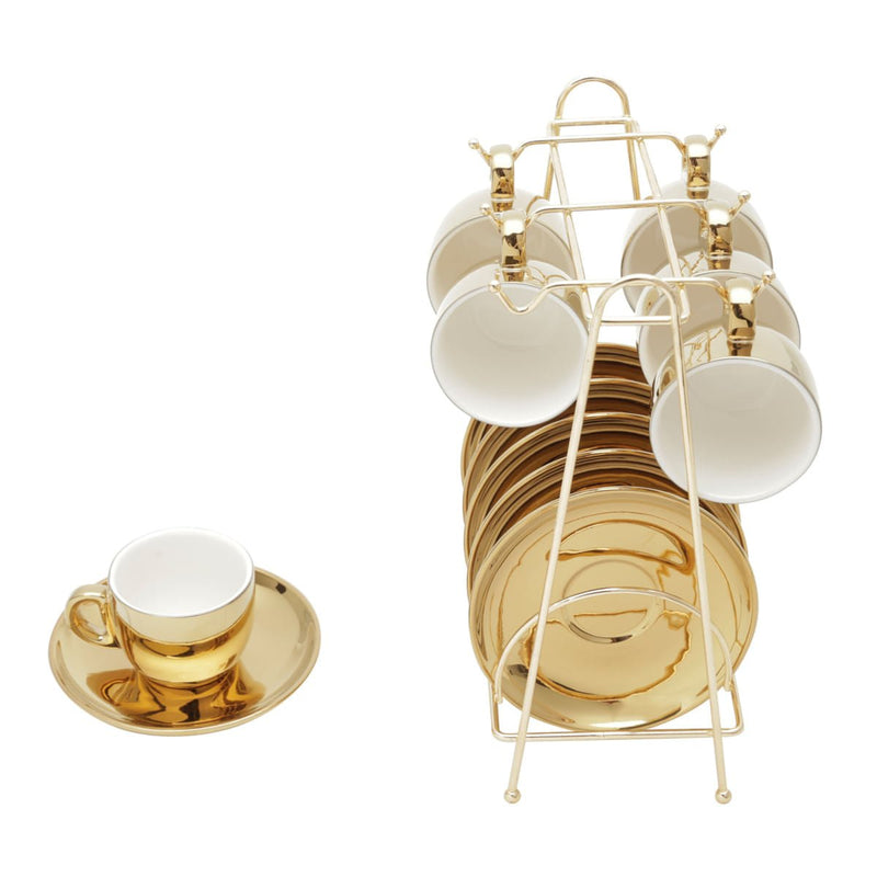 Jogo 6 Xícaras de Café com Pires em Porcelana Branco e Dourado com Suporte 90ml