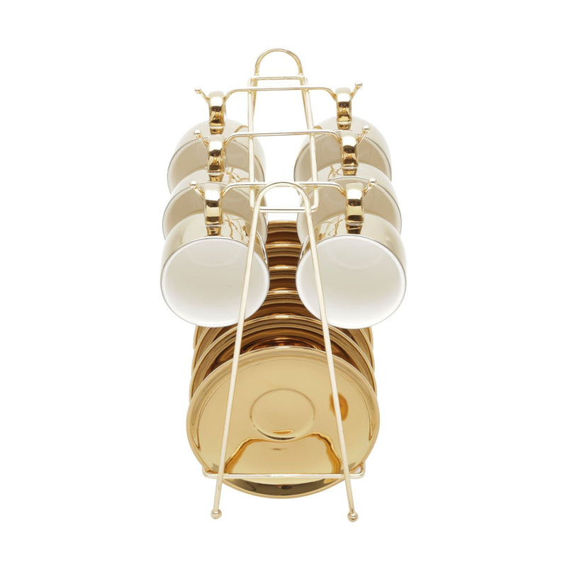 Jogo 6 Xícaras de Café com Pires em Porcelana Branco e Dourado com Suporte 90ml