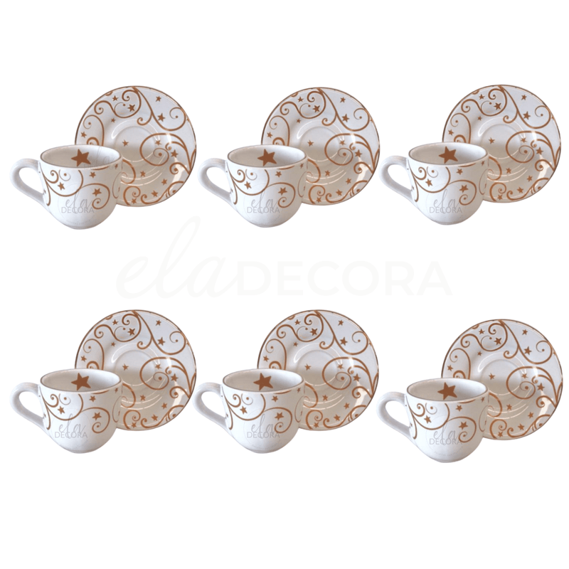 Jogo 6 Xicaras de Café com Pires Fio de Ouro Natal Christmas Day