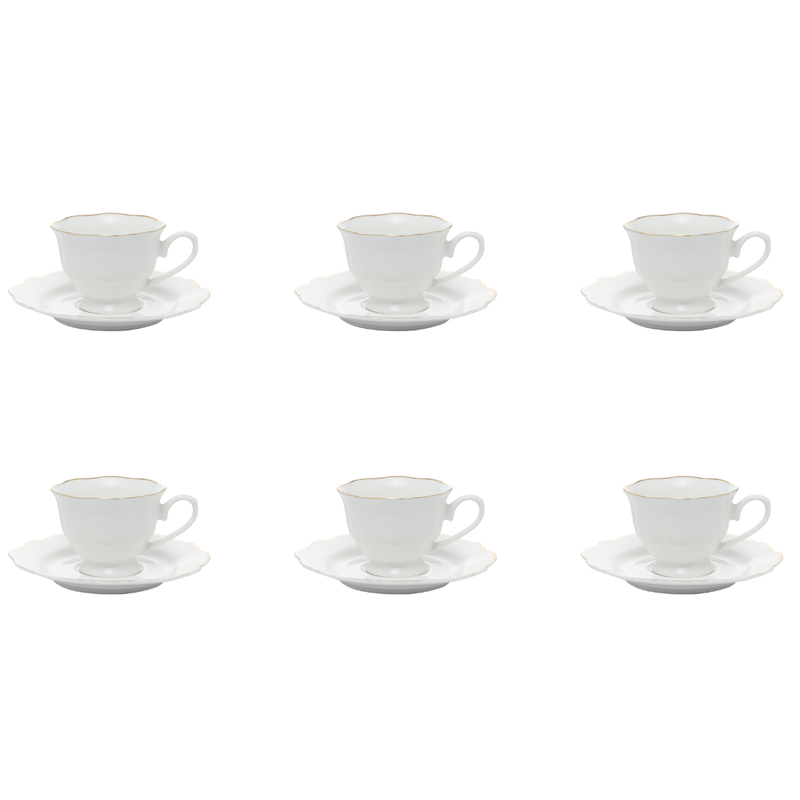 Jogo 6 Xícaras de Café com Pires Maldivas Branco com Fio de Ouro